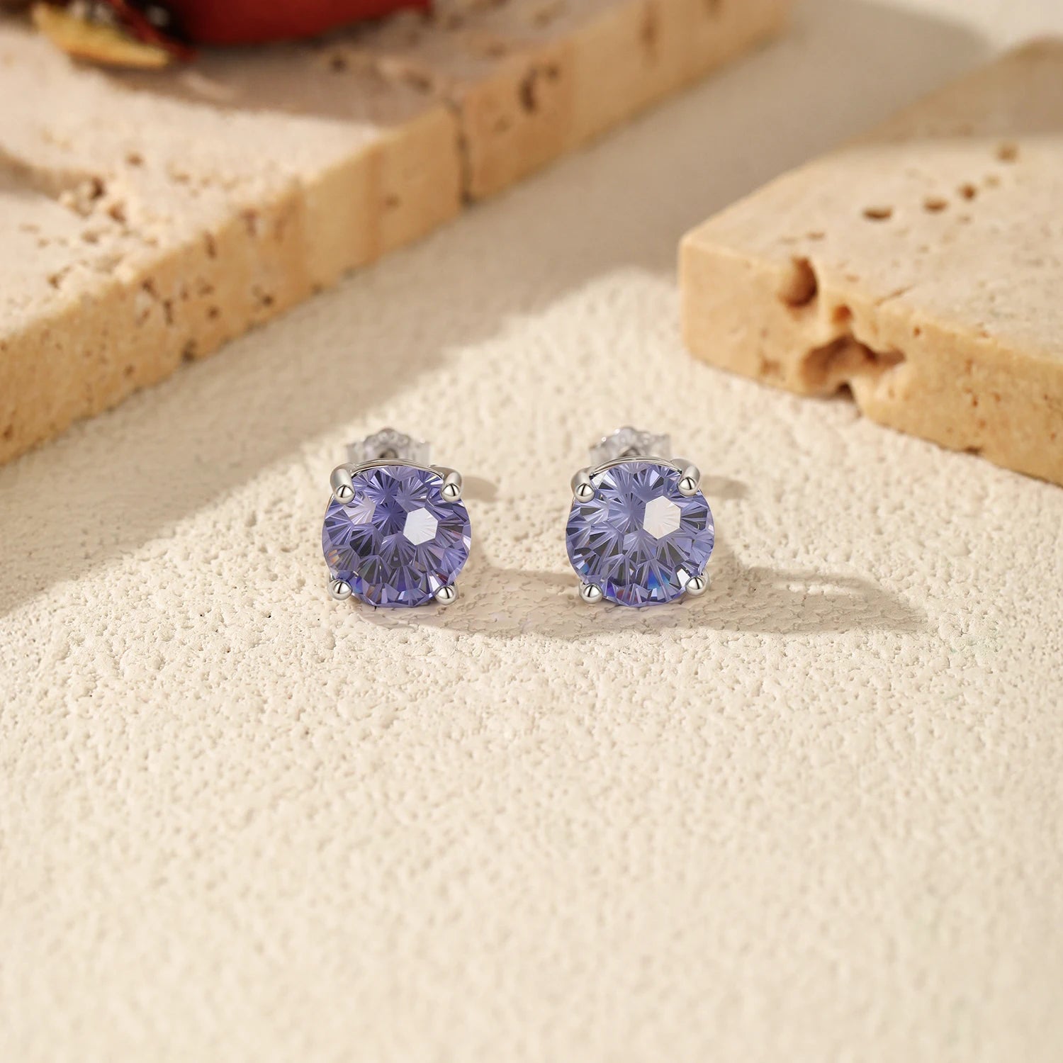MODIAN 925 Sterling Silver Classic Round Firework Cut Tanzanite Color CZ Unisex Studs Earrings For Women Fine Jewelry