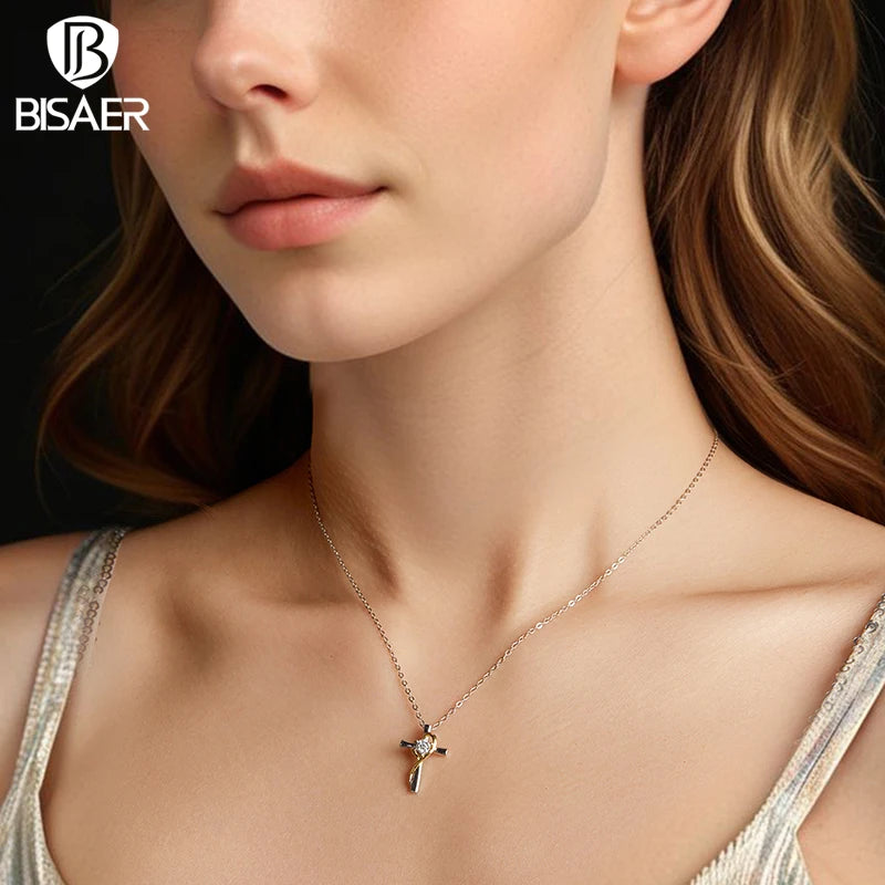 BISAER 925 Sterling Silver Moissanite Cross Necklace VVS1 EX Delicate Lab Diamond Adjustable Chain For Faith Woman Fine Jewelry