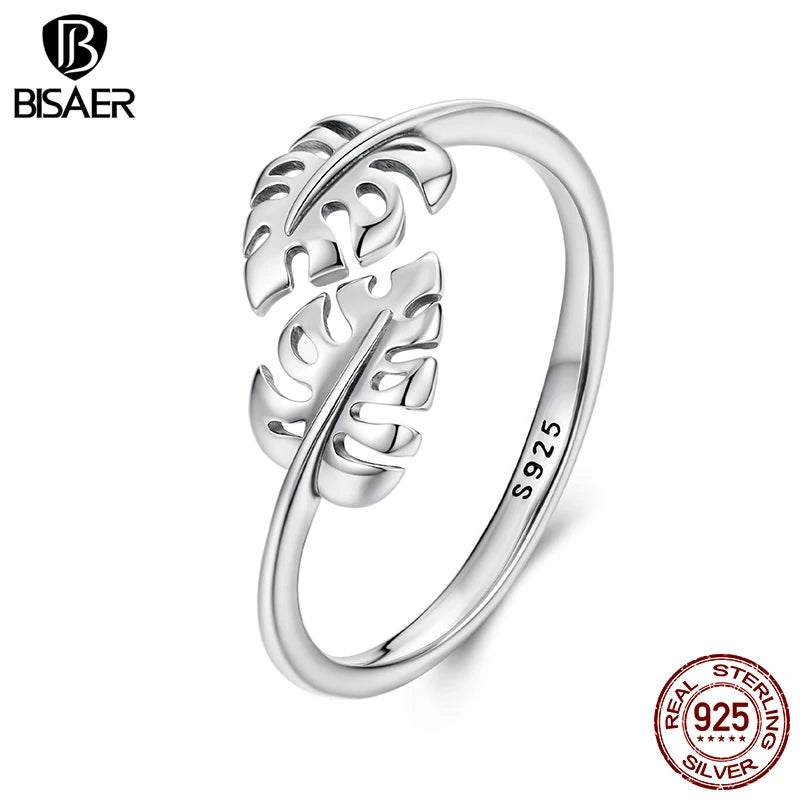 BISAER 925 Sterling Silver Turtleback Leaf Open Ring Adjustment Size 5-9 Band for Women Party Original Fine Jewelry EFR671-E