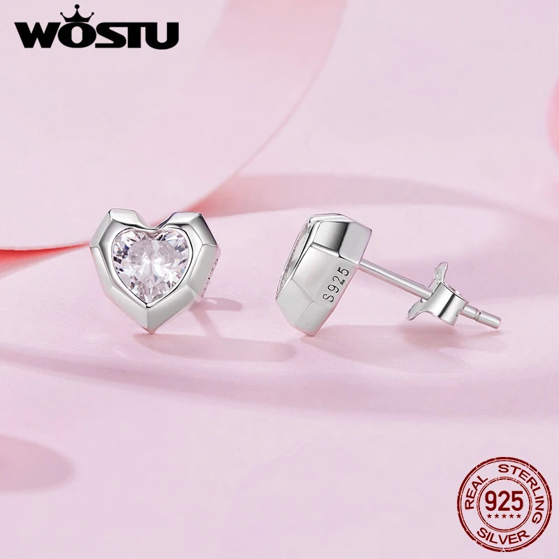 WOSTU 925 Sterling Silver Heart Stud Earrings for Women, Hypoallergenic Studs Luxury Prong Setting Gift for Valentines Day Mom