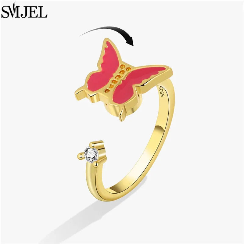 Korean Fashion Anxiety Fidget Spinner Rings for Women Crystal Rose Sunflower Butterfly Rotating Mood Ring Girls Wedding Jewelry