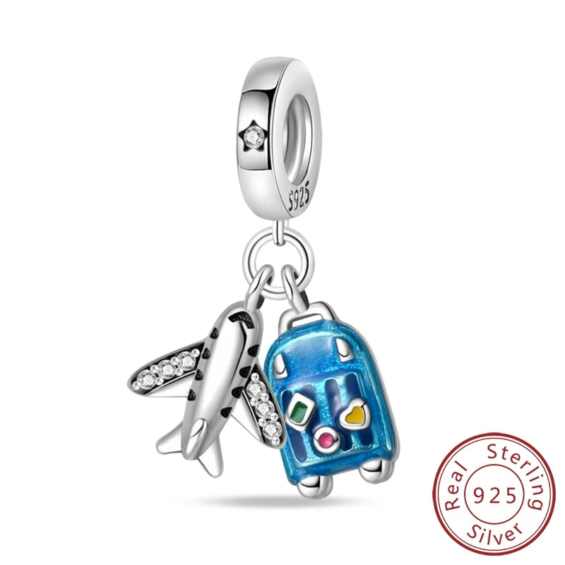 Original Charms Pendant Real S925 Sterling Silver Travel Luggage Airplane Charms Beads for Women Fine Jewelry Gift Making