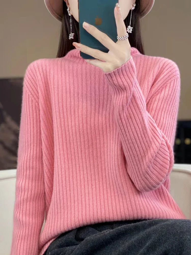 Women 100% Merino Wool Sweater Turtleneck Knitted Vertical Stripes Pullover Autumn Winter Thickened Cashmere Casual Knitwear Top