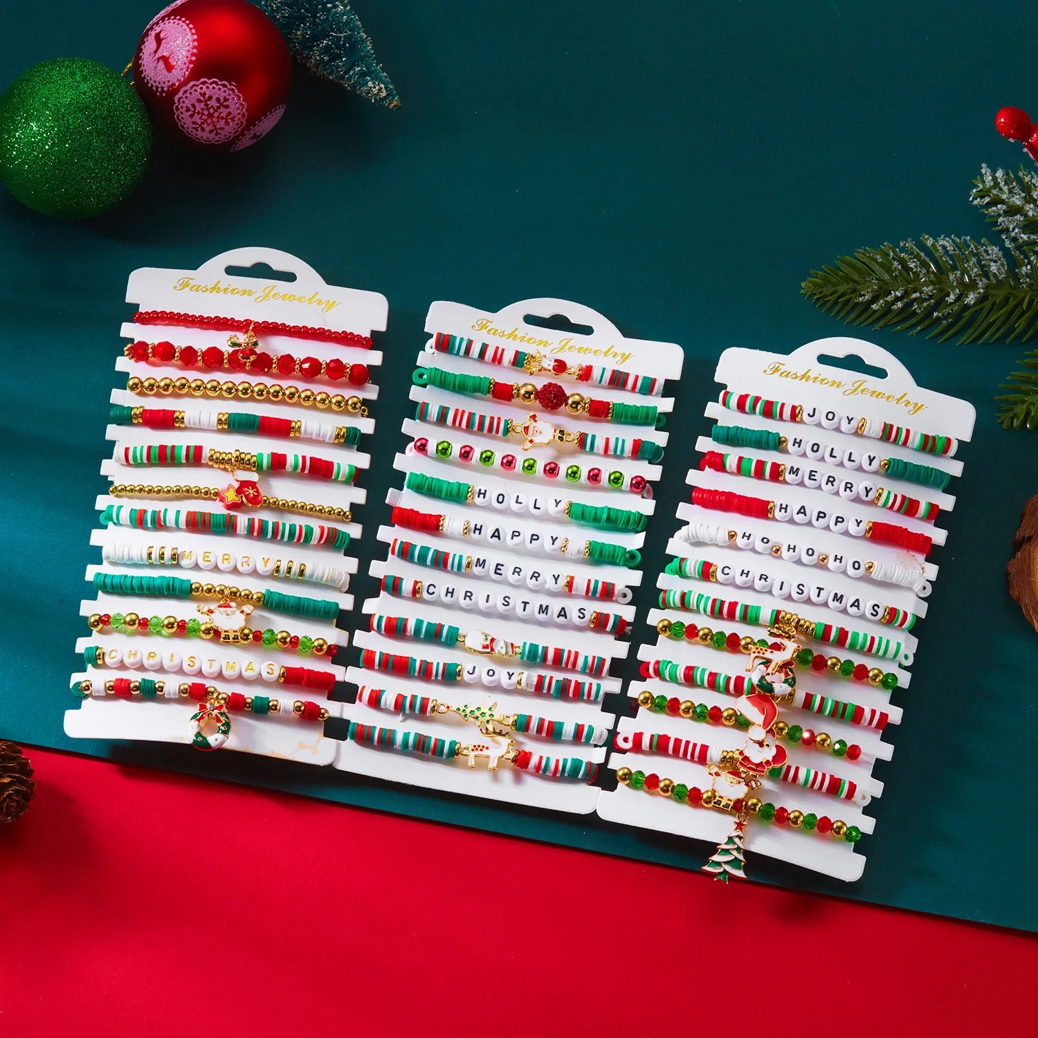 12/10Pcs Elastic Beaded Bracelets Christmas Colorful Beads Soft Clay Pottery Stretchy Strand Chain Bangle Party Festival Jewelry