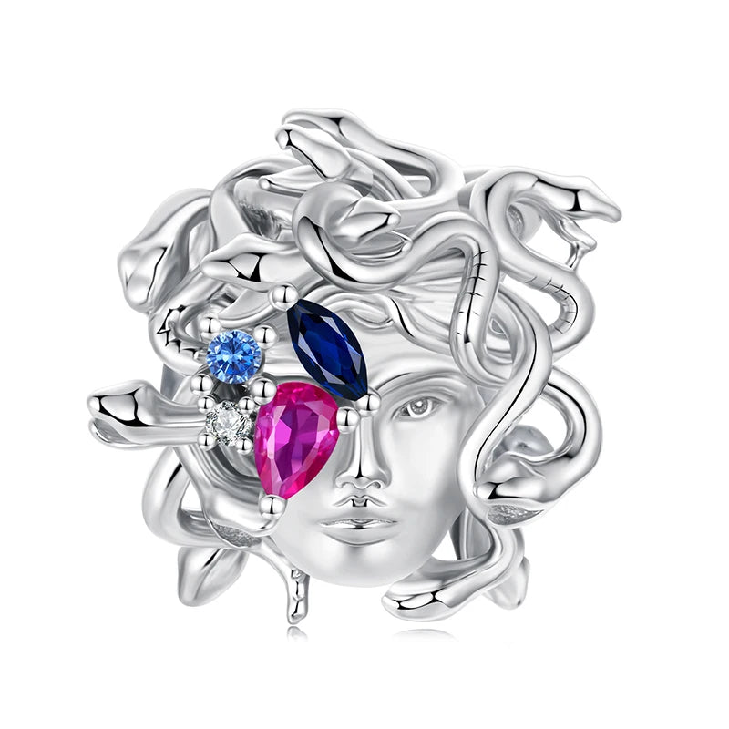 WOSTU 925 Sterling Silver Medusa Head Charm Snake Beads Rainbow Crystal Pendant  for Bracelet Making Unique DIY Gift