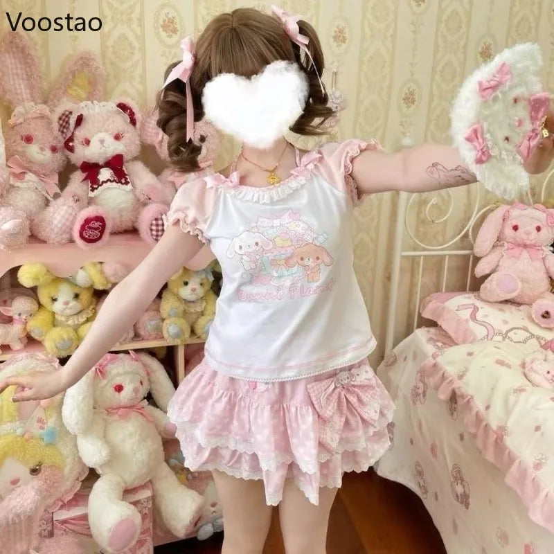 Kawaii Lolita Style 2 Piece Set Women Sweet Cute Cartoon Print T-Shirt Tops Bow Lace Ruffles Mini Cake Skirts Female Korean Suit