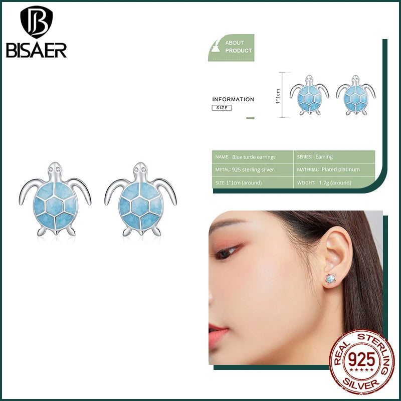 BISAER 925 Sterling Silver Seahorse Stud Earrings Starfish Turtle Fish Hoop Earrings for Party Unisex Fine Jewelry Holiday Gift