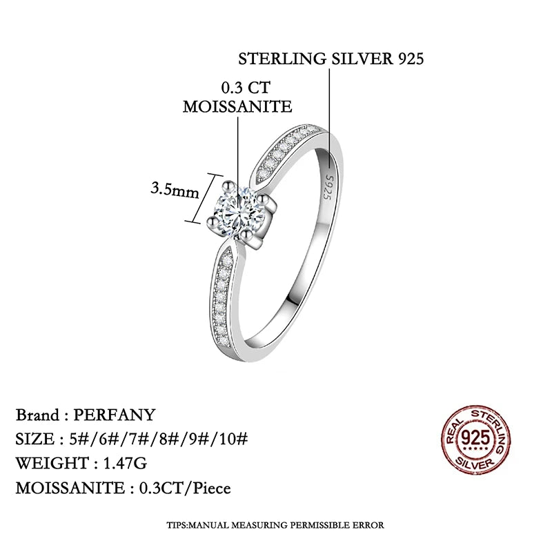 PERFANY 0.3CT Moissanite Ring for Women S925 Pure Silver Four Claw Laboratory Diamond Compact and Exquisite Wedding Jewelry - Madeinsea©