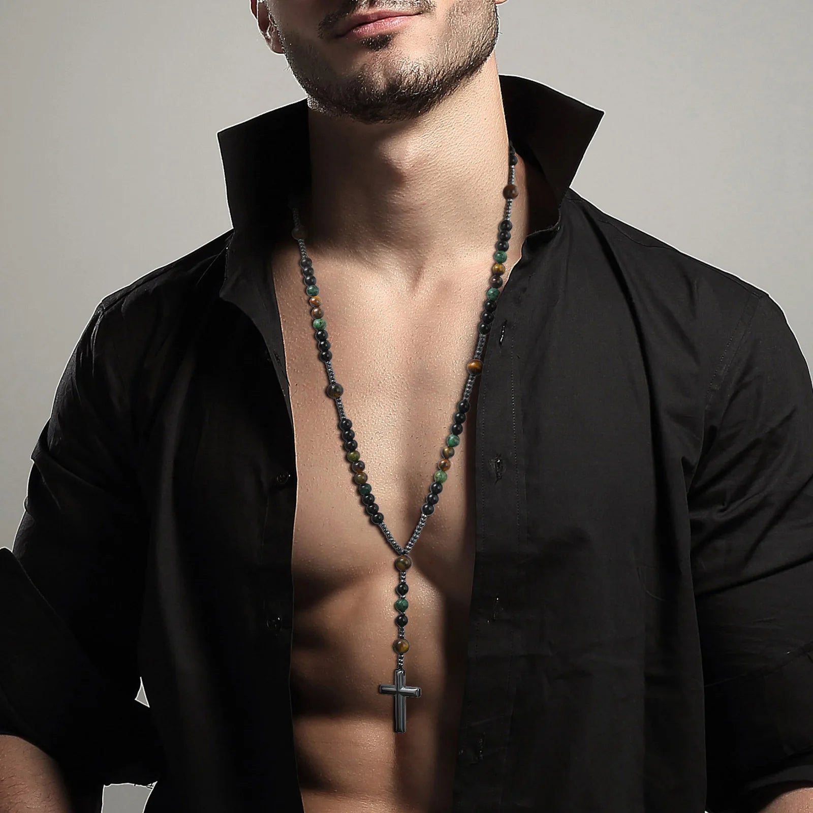 Vnox Natural Stone Power Banlace Healing Beads Necklaces for Men Women,Long Rosary Necklaces,Christian Prayer Faith Cross Collar