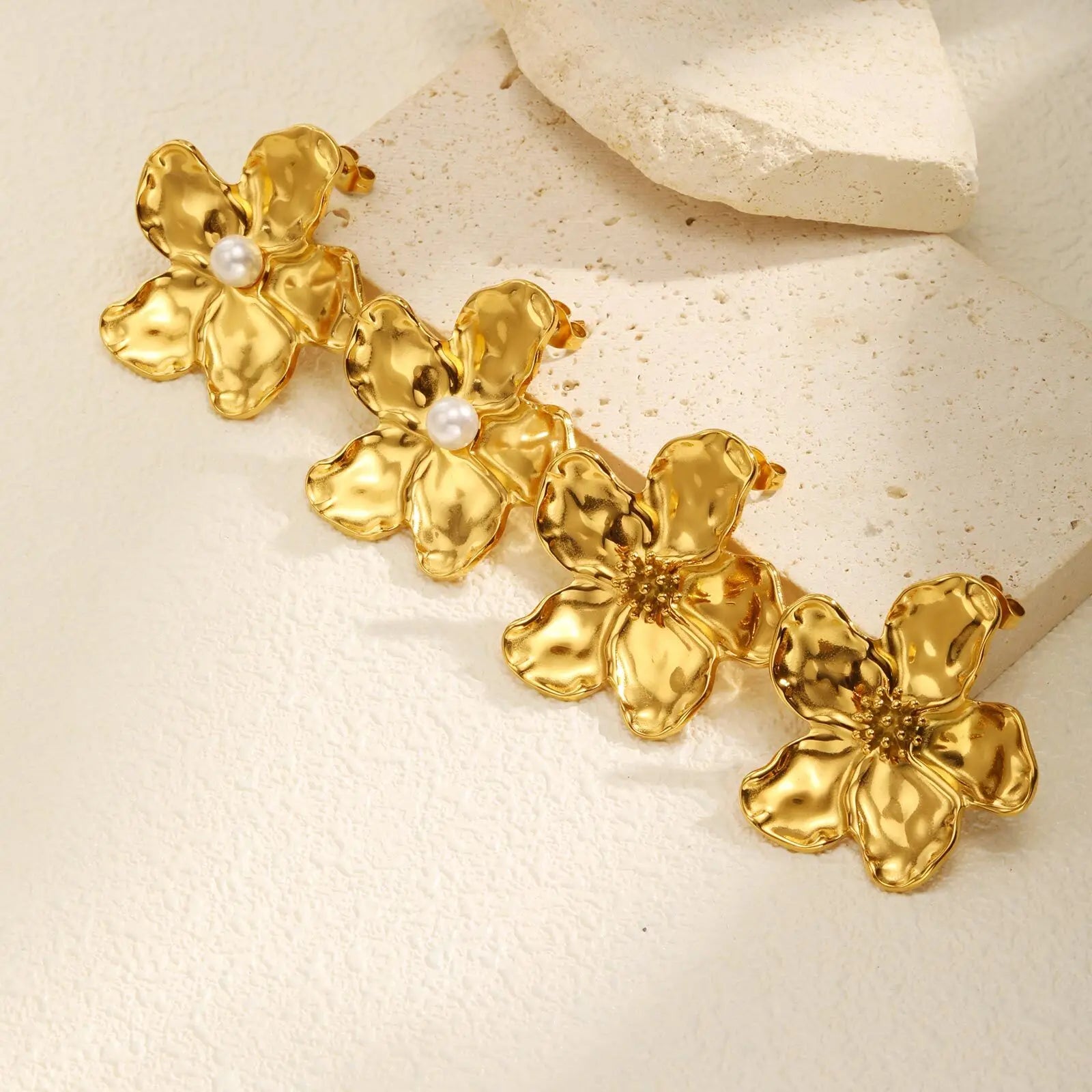 Vnox Gold Plated 3D Flower Earrings for Women Girls,Simulated Pearl Centered Floral Earrings,Waterproof Summer Holiday Jewelry