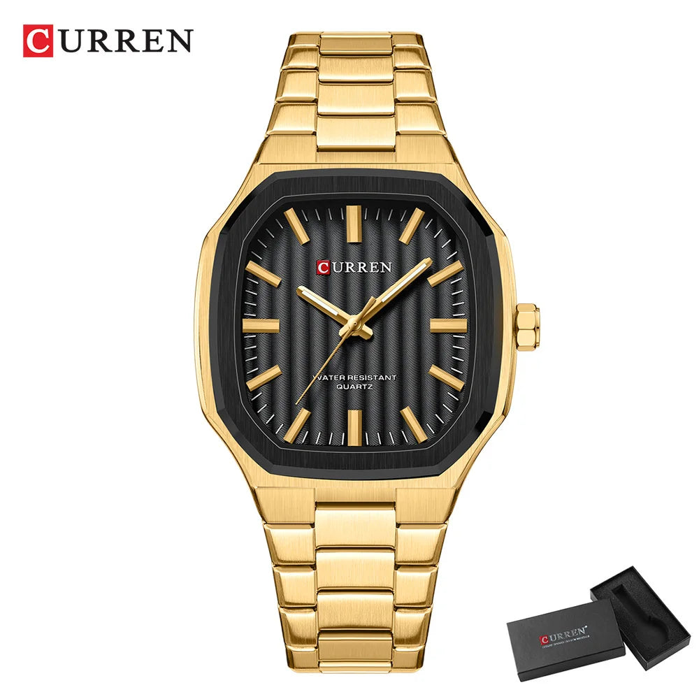 CURREN Luxury Business Square Quartz Watches  Classic Stripe Design Dial with Stainless Steel Band Wristwatch for Men