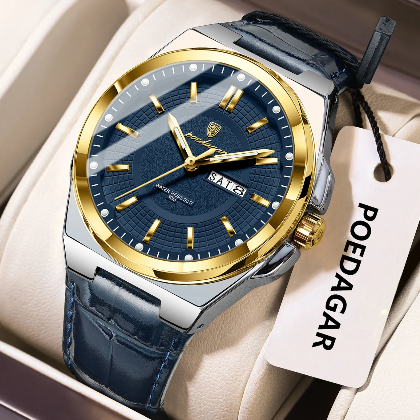 POEDAGAR Luxury Original Man Wristwatch Waterproof Luminous Date Week Quartz Men's Watches High Quality Casual Leather Men Watch