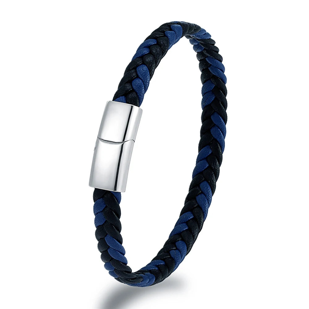 MKENDN Simple Classic Stainless Steel Bracelet for Women Men Genuine Braided Leather Bangles Special Couple Jewelry Gift