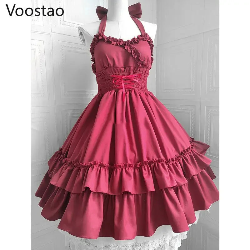 Vintage Elegant Lolita Jsk Dress Women Sweet Princess Dancing Party Slim Dresses Girly Cute Ruffles Halter Collar Wedding Dress