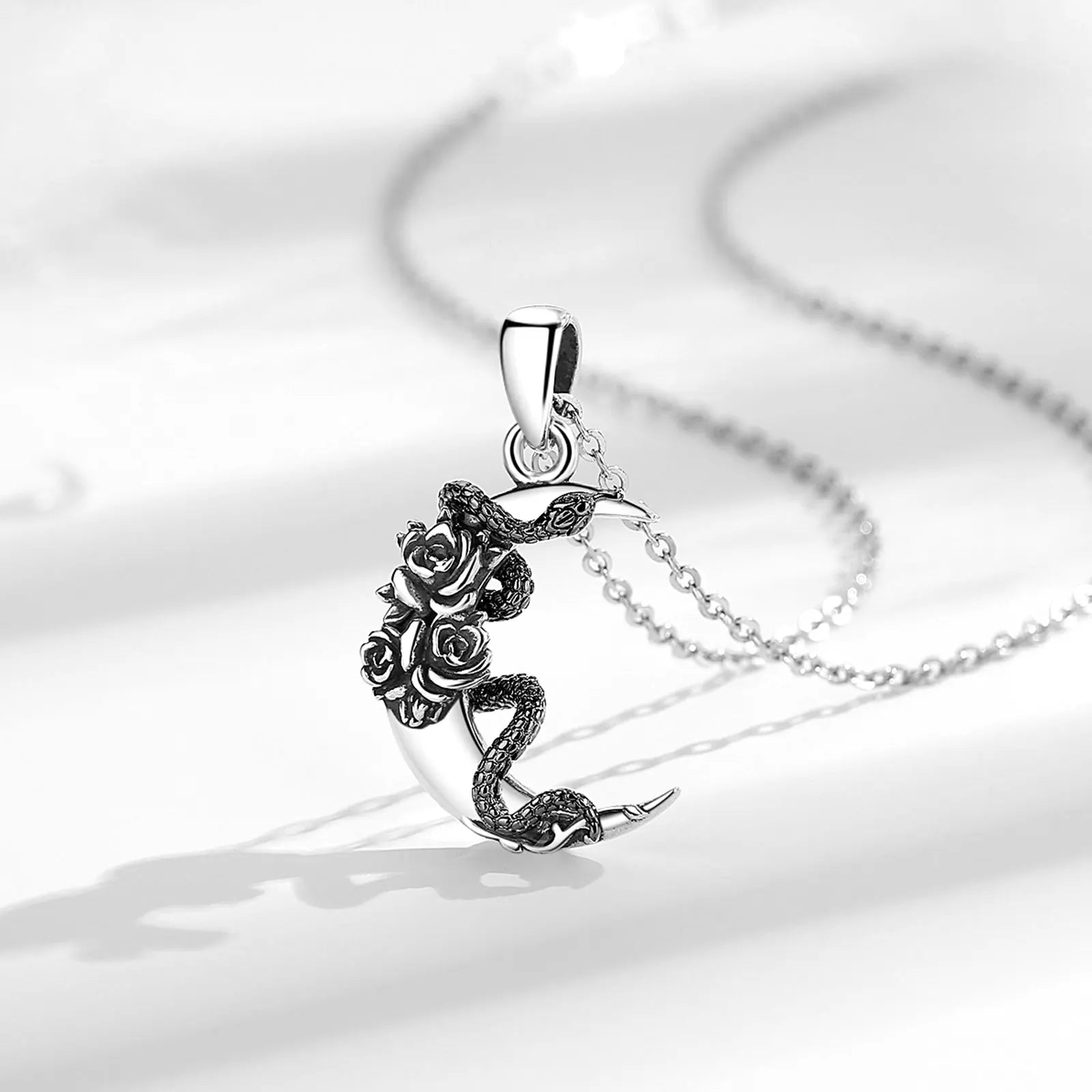 Eudora New 925 Sterling Silver Wicca Moon Necklace Black Snake and Rose Amulet Pendant Personality Jewelry Gift for Men Women