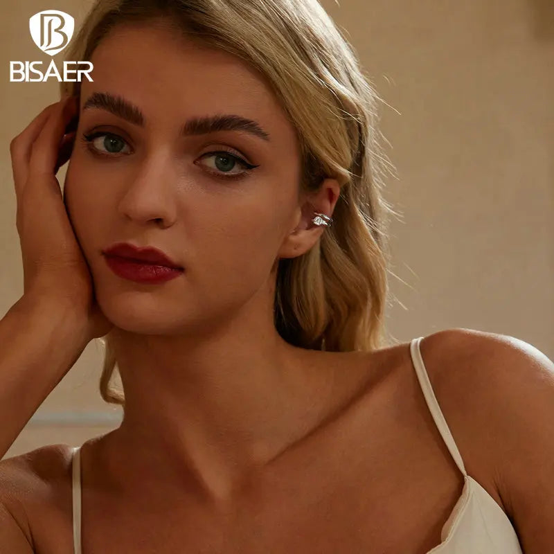 BISAER Pearl Moissanite Bowknot Ear Clips 925 Sterling Silver VVS1 Clarity Lab Created Diamond For Women Wedding Jewelry Gift