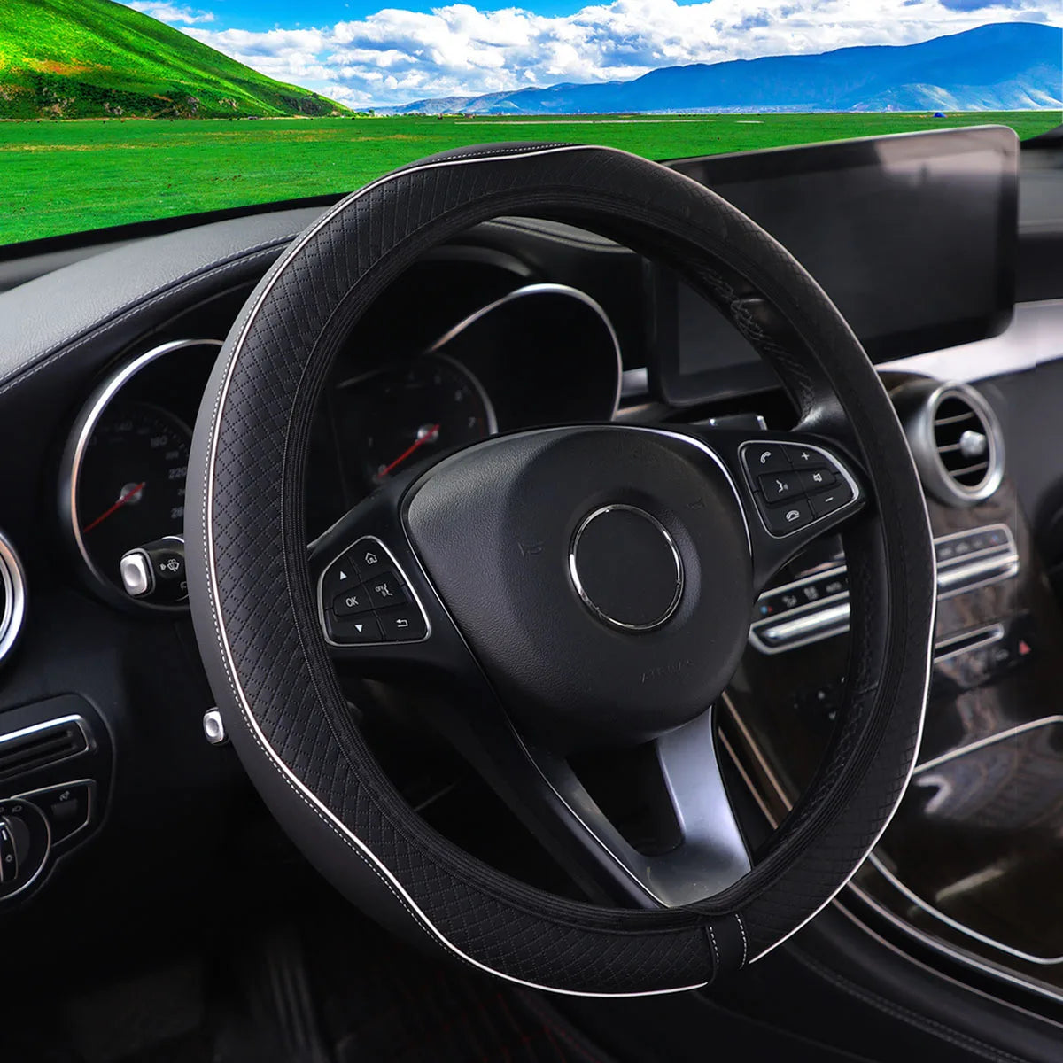 Skin Feeling Leather Color Stripe Emboweled Car without Inner Ring Steering Wheel Cover Automotive Supplies 14.5-15INCH - Madeinsea©