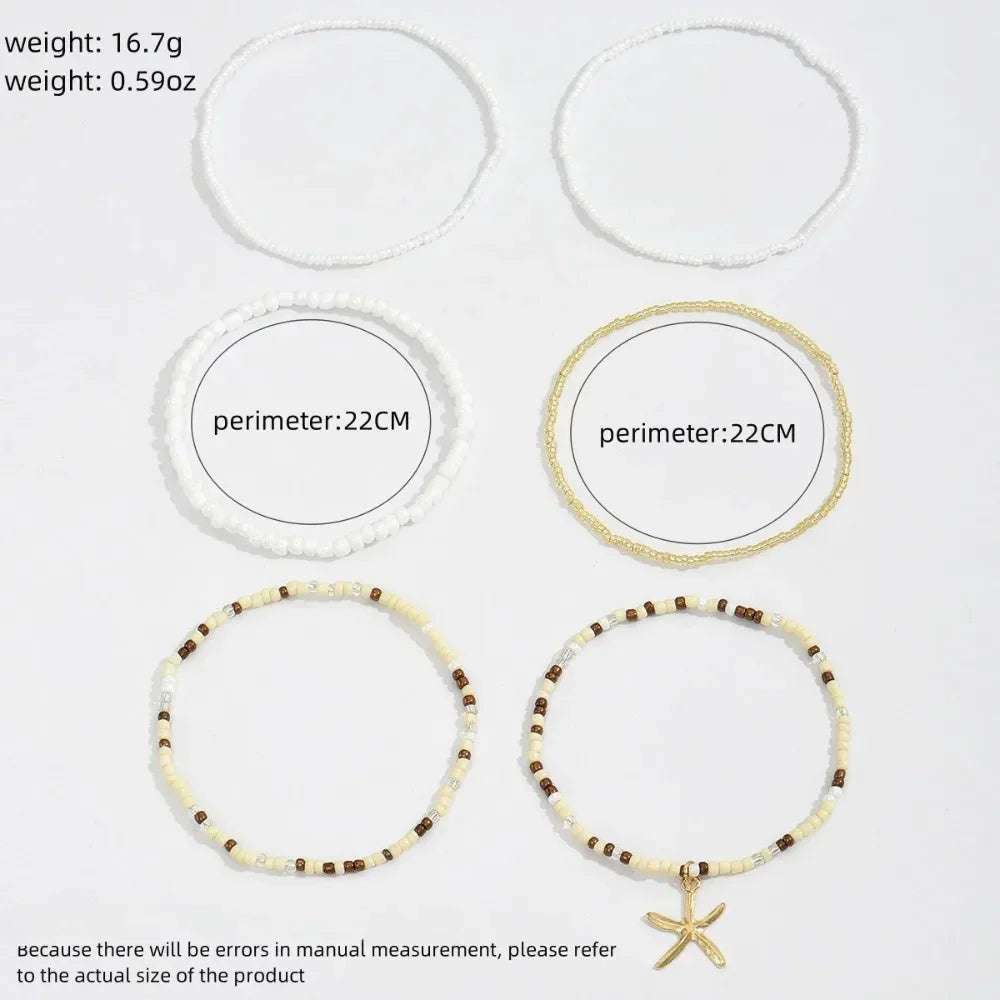 6pcs Set Charm Summer Beach Acrylic Round Ball Beaded Starfish Anklet for Women Multilayer Foot Jewelry Holiday Accessory Gift - Madeinsea©