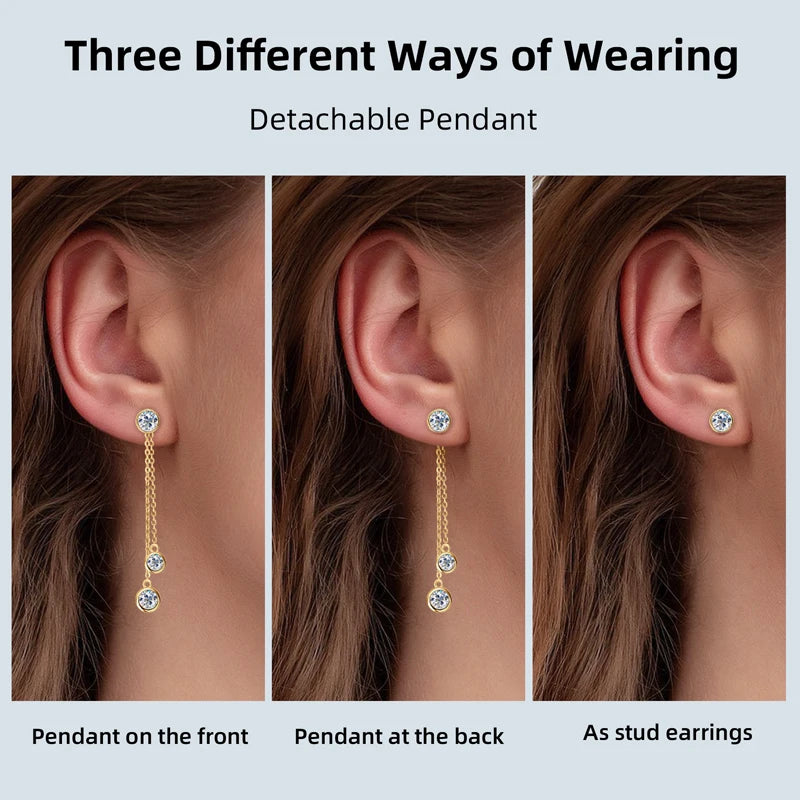 OXTAO Long Tassel Double Chain Earrings 925 Sterling Silver Round Cut Bezel Set D Color Moissanite Drop Earrings Jewelry Gift