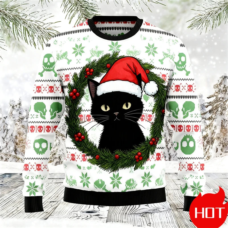 Black Cat Graphic Ugly Christmas Sweater Men Women Holiday Sweatshirt Pullover Xmas Santa 2026 Hot Sale Top Crewneck Long Sleeve