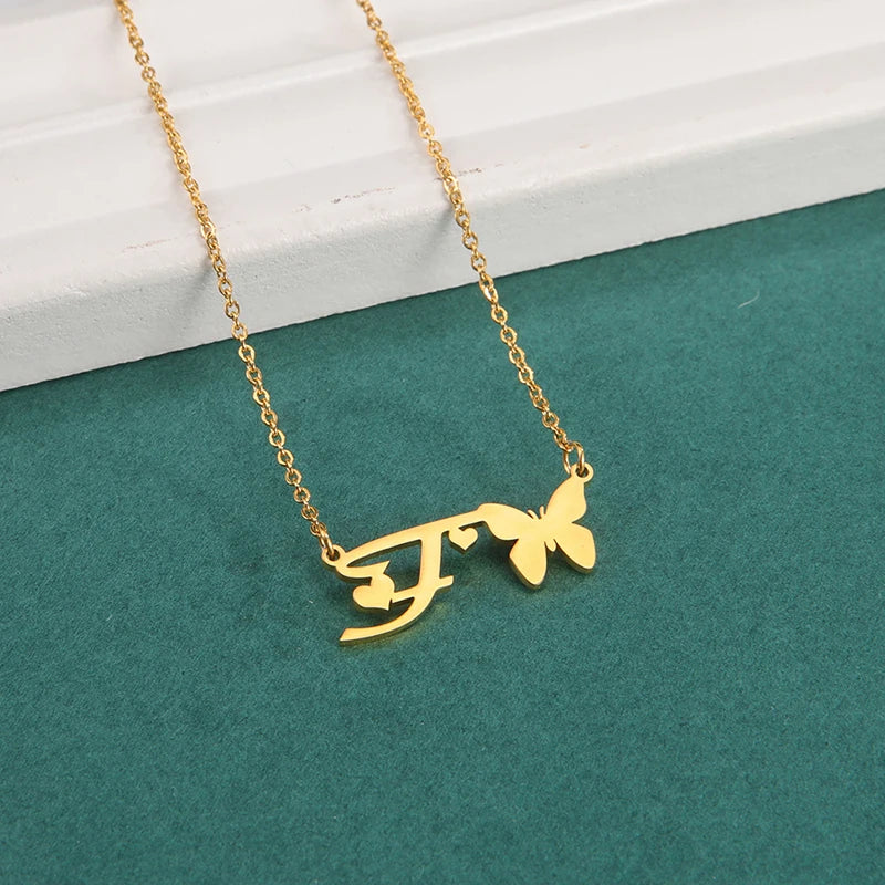 New Fashion 26 Initials Letter Pendant Butterfly Necklace for Women Elegant Stainless Steel Gold Color Necklace Jewelry Gift
