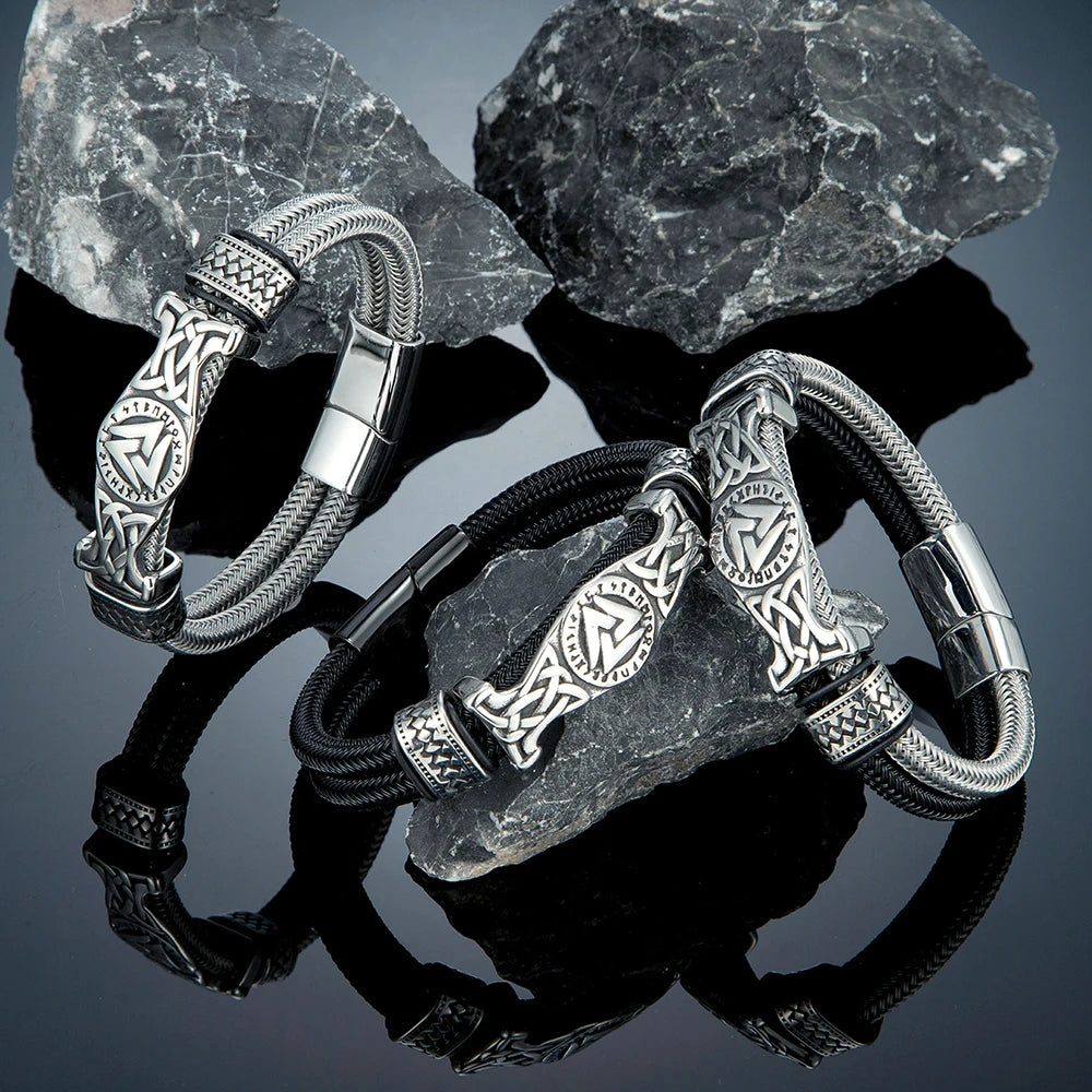 MKENDN Viking Style Stainless Steel Non-fading Steel Wire Rope Bracelets for Men Triangle Amulet Wrap Cuff Wirstband Bracelets