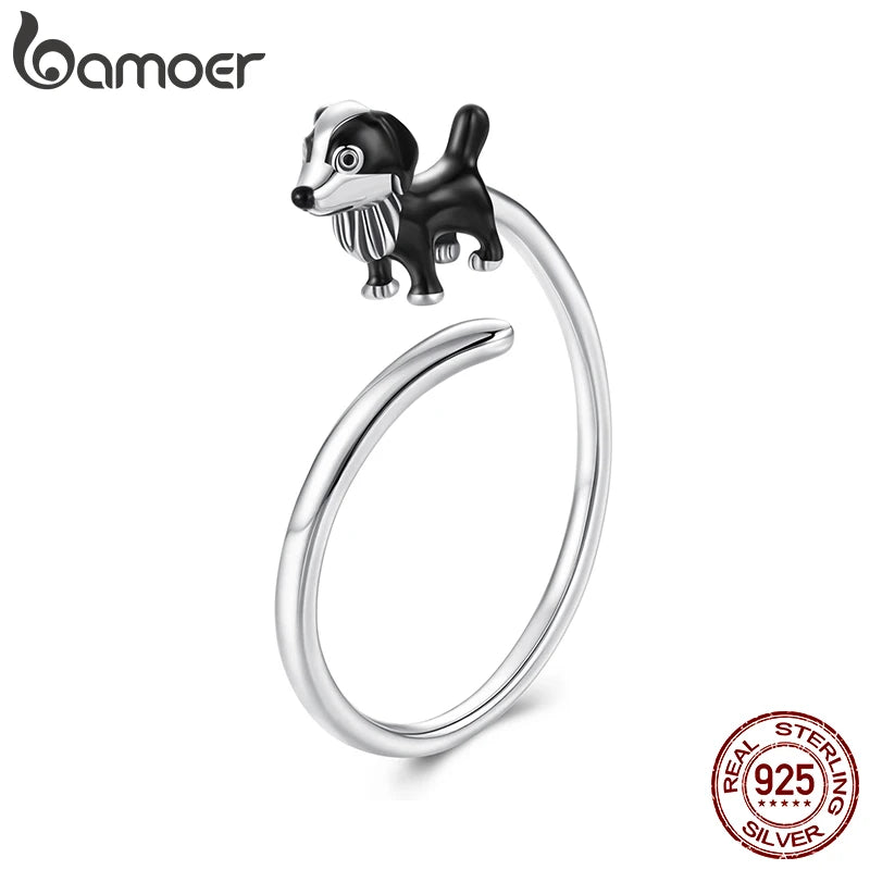 Bamoer 925 Sterling Silver Border Collie Open Ring Adjusable Black Enamel Dog Ring for Women Teens Pet Lover Cute Jewelry Gift