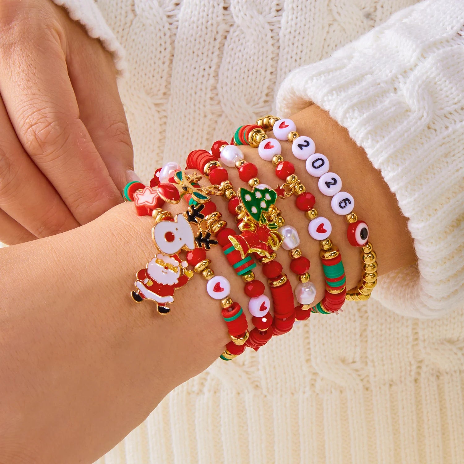 Christmas Series Bracelet Set For Women Santa Claus Snowman Xmas Tree Snowflake Crystal Beads Bracelets Party Charm Jewelry Gift