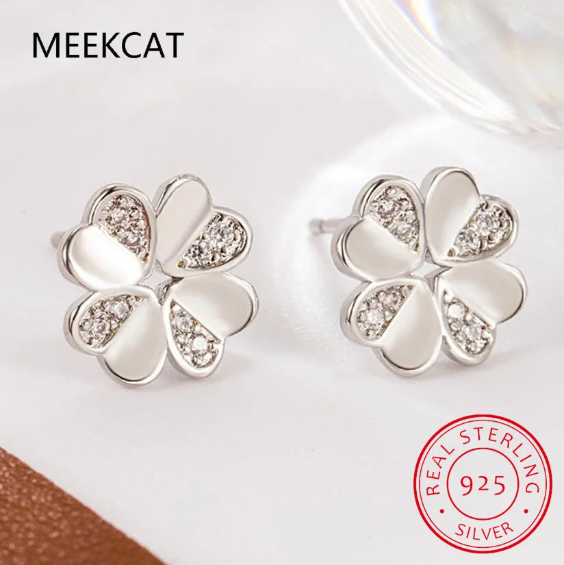 Real 925 Sterling Silver Zircon Clover Stud Earrings For Women Cute Fine Jewelry Minimalist Accessories