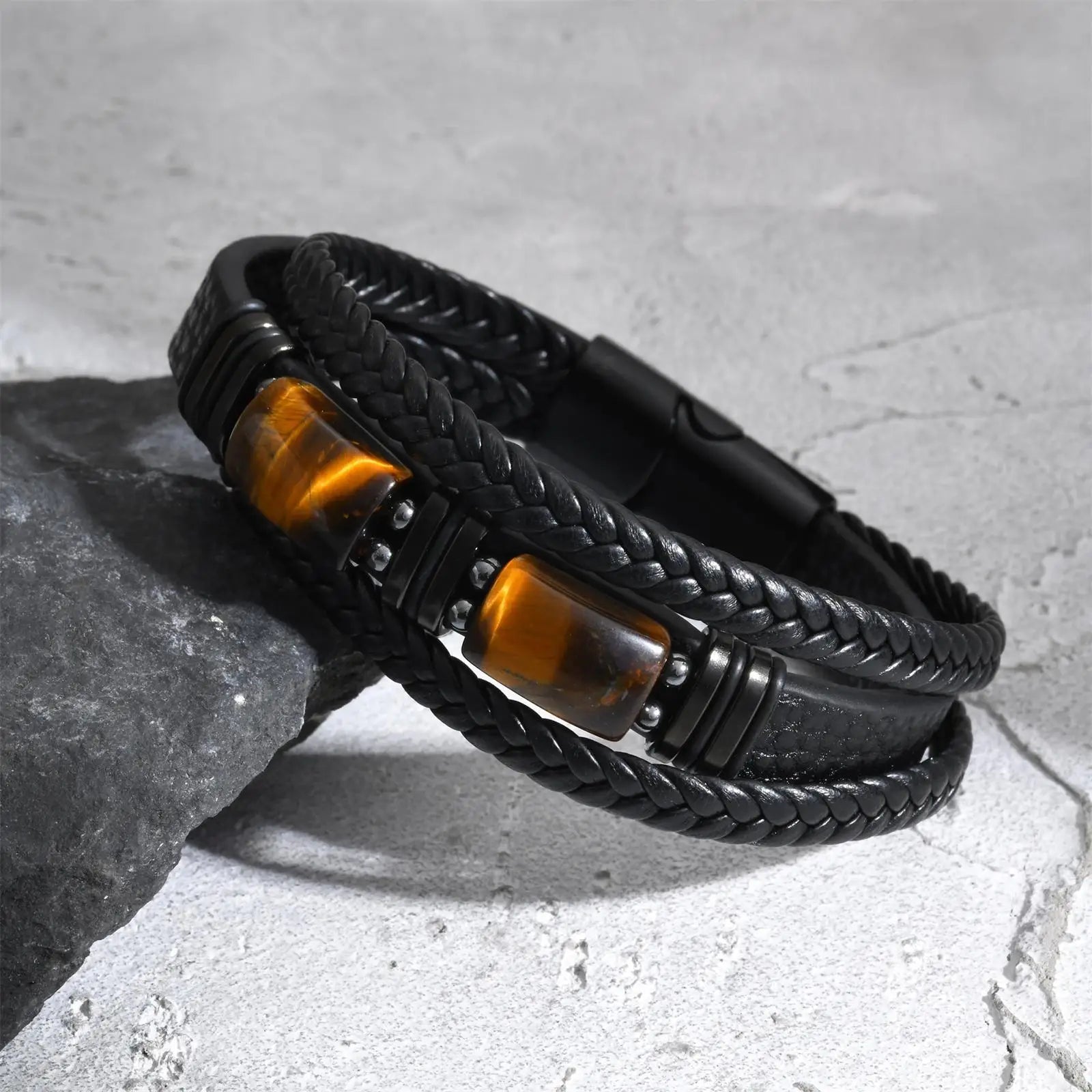 Bracelets en cuir et perles de pierre œil de tigre Vnox, bracelets joncs en cuir noir tressé superposés, bracelets anti-stress en pierre naturelle