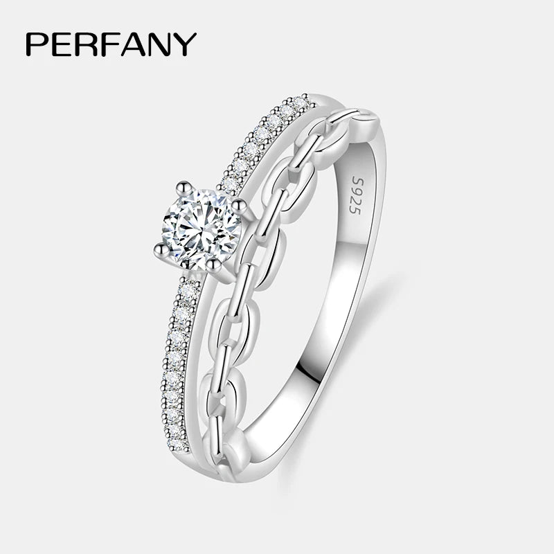 PERFANY 0.39CT All Moissanite Rings Women S925 Pure Silver Chain Double Layer Laboratory Diamond Luxury Party Jewelry