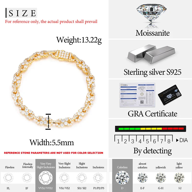 High Quality Unisex VVS1 Moissanite Tennis Bracelet 925 Silver Cuban Chain Necklace For Men Hip Hop Jewelry