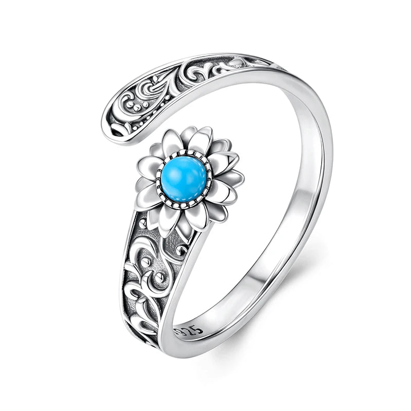 WOSTU 925 Sterling Silver Vintage Turquoise Sunflower Ring Stacking Simple Flower Opening Rings Jewelry Gift For mom Love Family