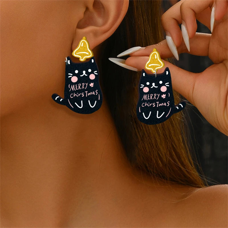 Christmas Gingerbread Man Santa Claus Asymmetrical Dangle Earring for Women Cute Xmas Hat Dog Kitten Acrylic Earrings Jewelry