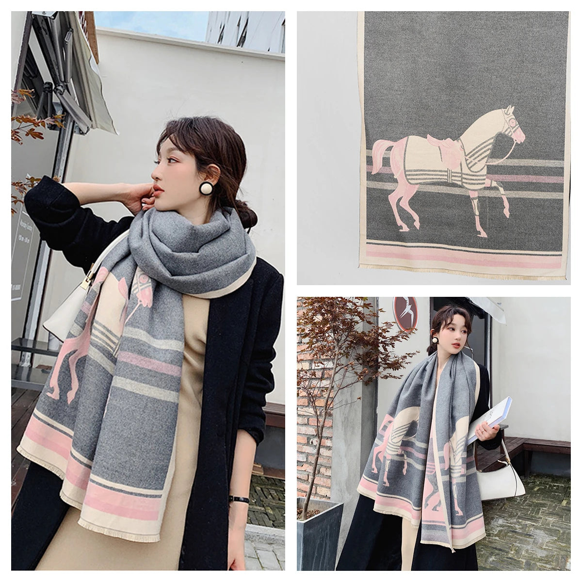 Women's Autumn Winter Horse Pattern Scarf New Luxury Cashmere Feeling Large Blanket Wrap Soft Warm Brand Shawl Retro & Classical - Madeinsea©