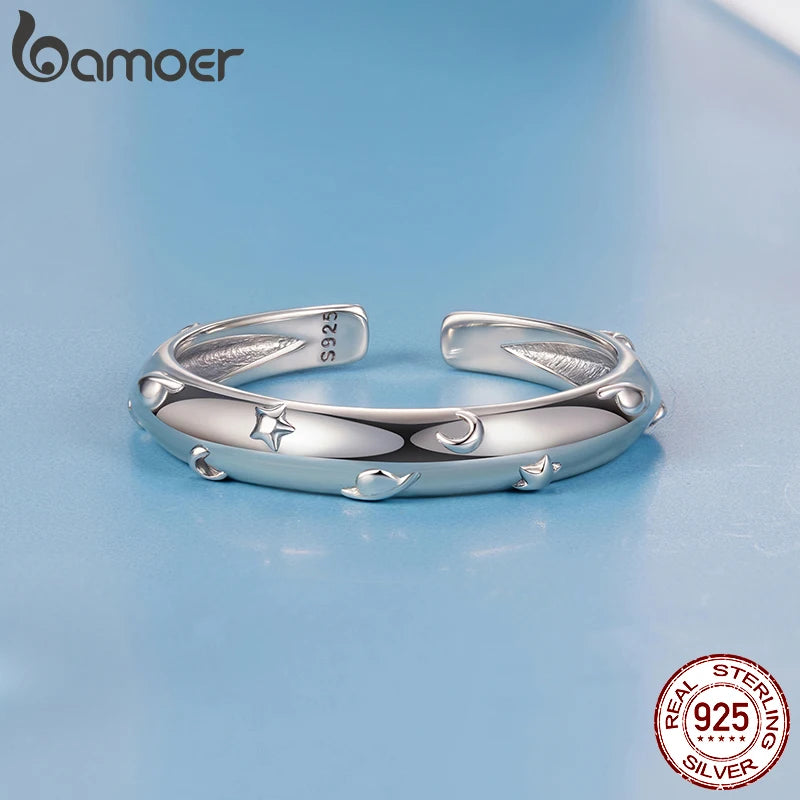 Bamoer 3D Punk Planet Open Ring Oxidized Moon & Star Stacking Finger Ring for Women Minimalist Party Gift 925 Sterling Silver