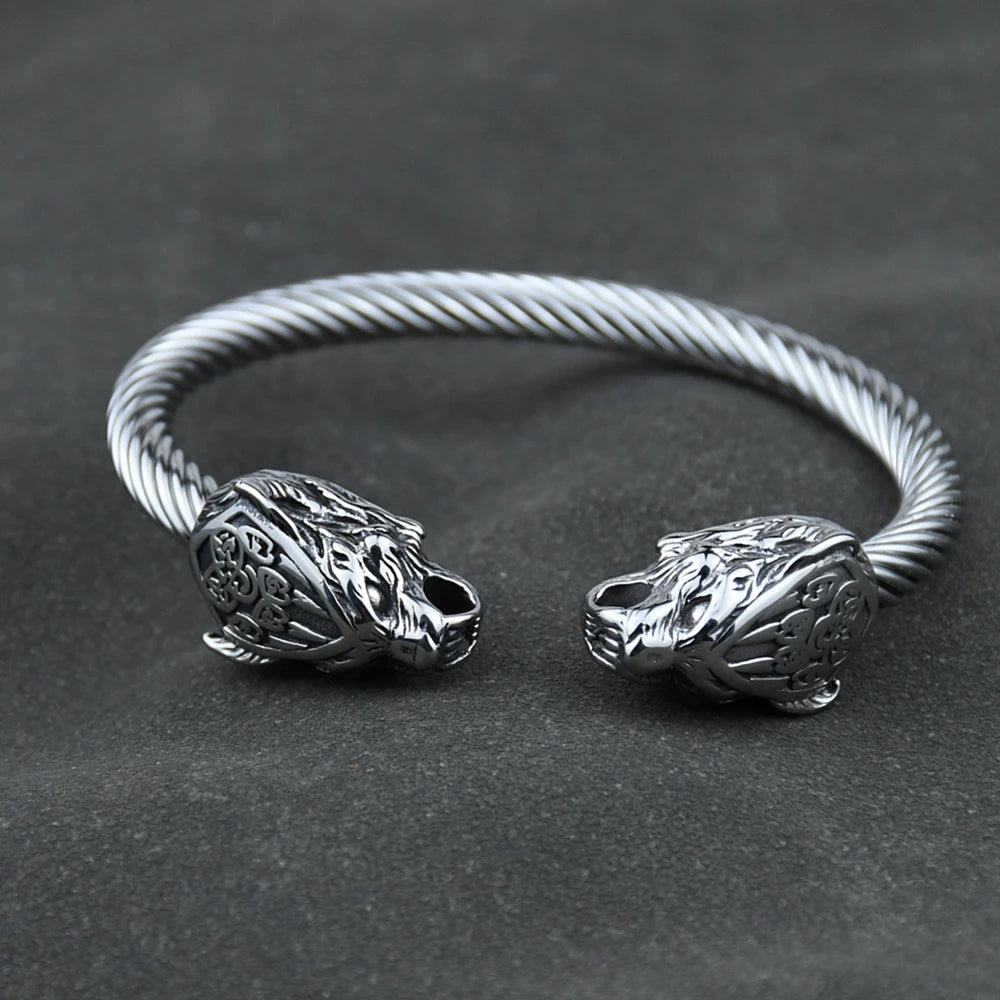 Men Stainless Steel Viking Wolf Geri and Freki Bear Paw Head Bangle Amulet Bracelets for male Gift Style5