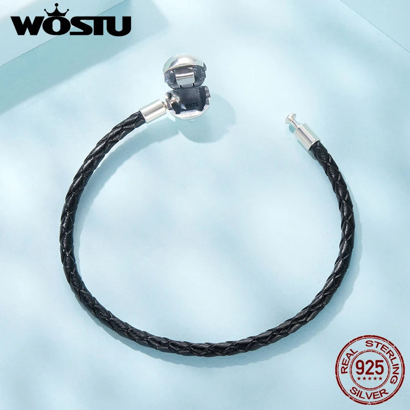 WOSTU 925 Sterling Silver Round Buckle Basic Leather Bracelet Retro Scroll Pattern Original for Woman Man Gift Fine Jewelry DIY