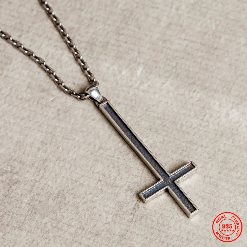 MKENDN Gothic Style 100% 925 Sterling Silver Inverted Cross Pendant Necklace For Men Women Pray Jewelry Gifts