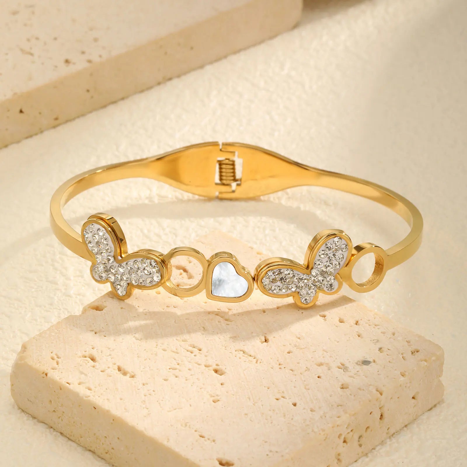 Vnox Women's Hand Jewelry Bracelet Stainless Steel Cute Heart Butterfly Bangle Dainty Rhinestones Accessories Fashion Party