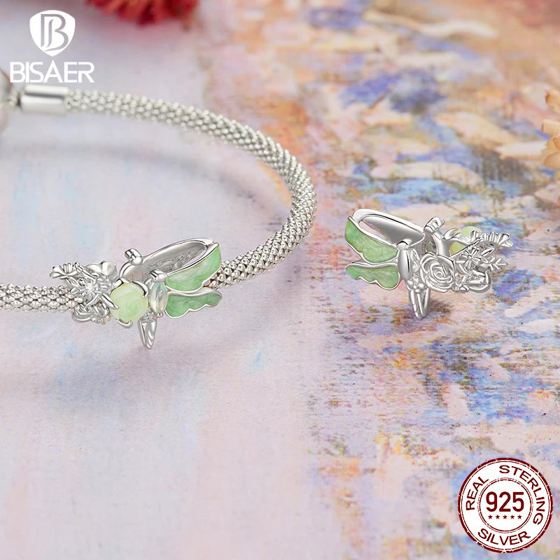 BISAER 925 Sterling Silver Butterfly Flower Silicone Charm Bead Dragonfly Crab Pendant For Women Girl DIY Bracelets Fine Jewelry