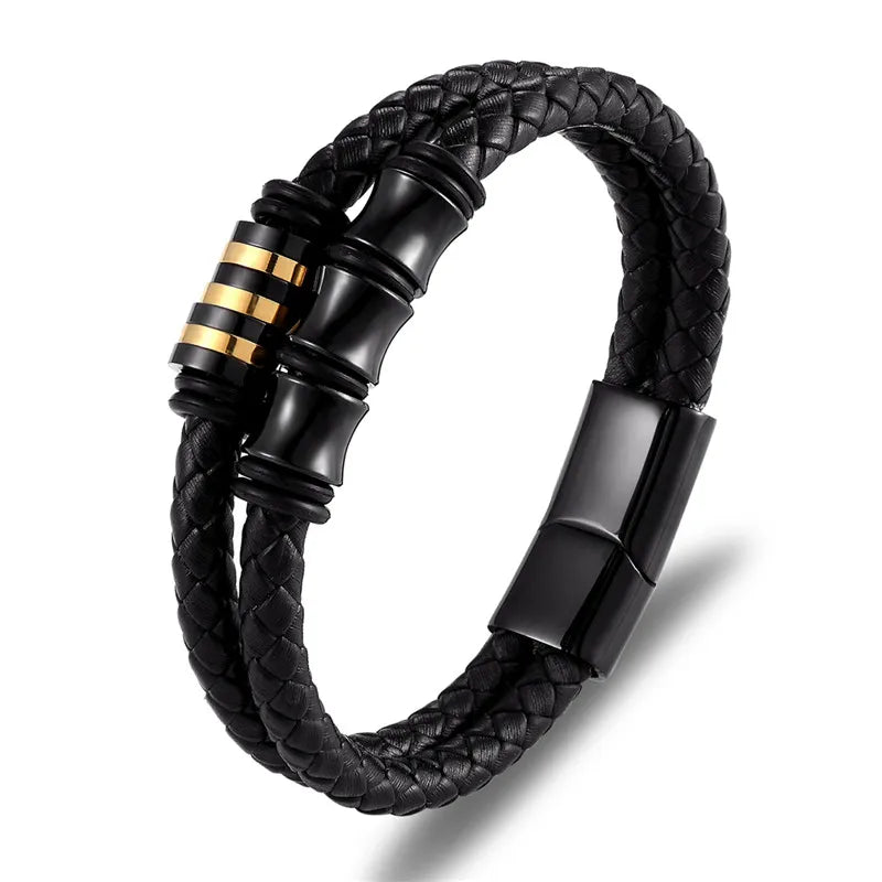 MKENDN Punk Genuine Leather Bracelet Double Layer Black Stainless Steel Magnetic Button For Men Unisex Accessories Jewelry