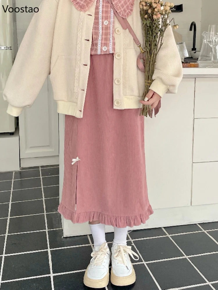 Spring Autumn Japanese Sweet Pink Ruffles Split Skirt Women Korean Cute Y2K Party Midi Skirts Female Elegant Corduroy Skirts