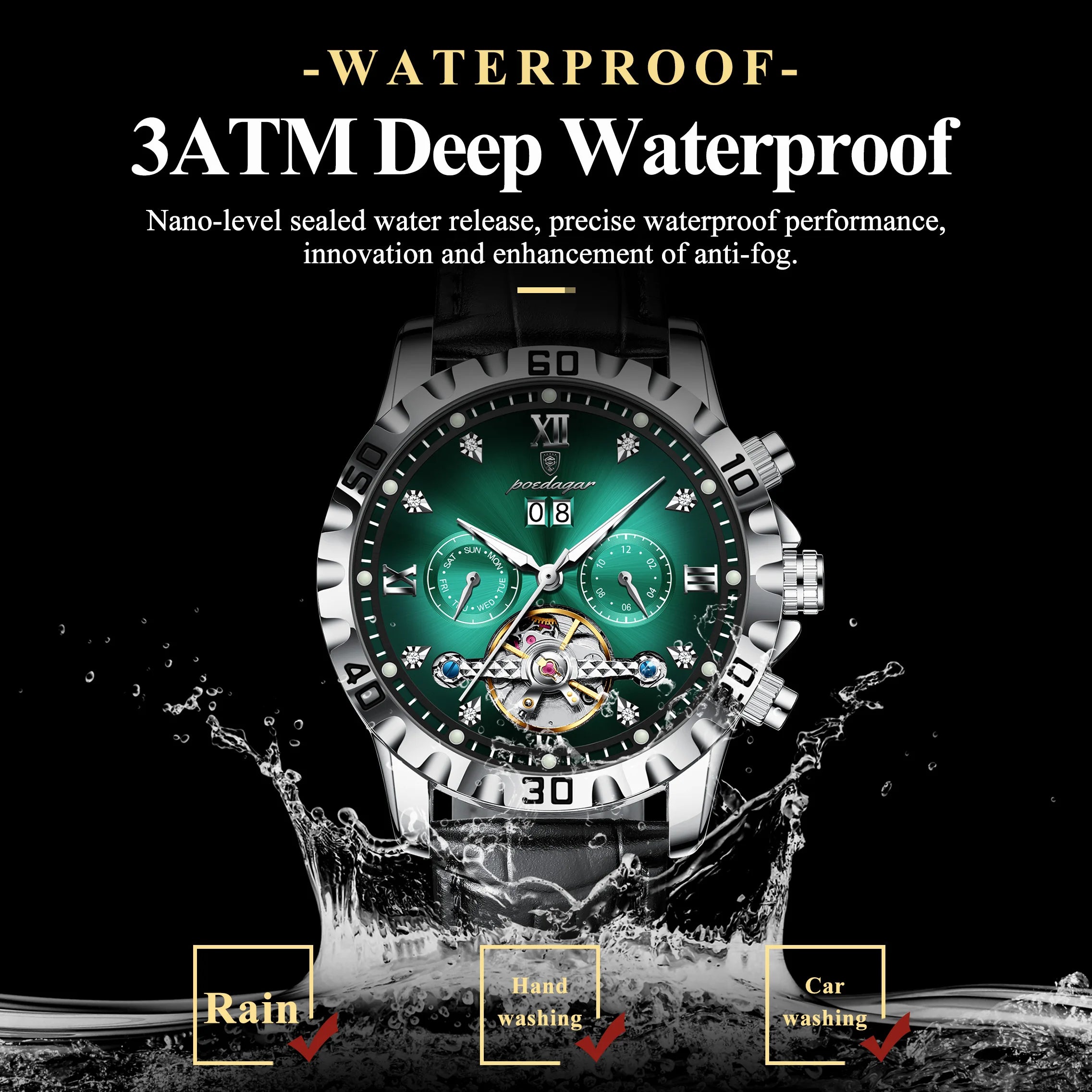 POEDAGAR Top Luxury Men's Watches Original Mechanical Leather Men Clock Date Week Hollow Tourbillon Automatic Man Watch Male+Box