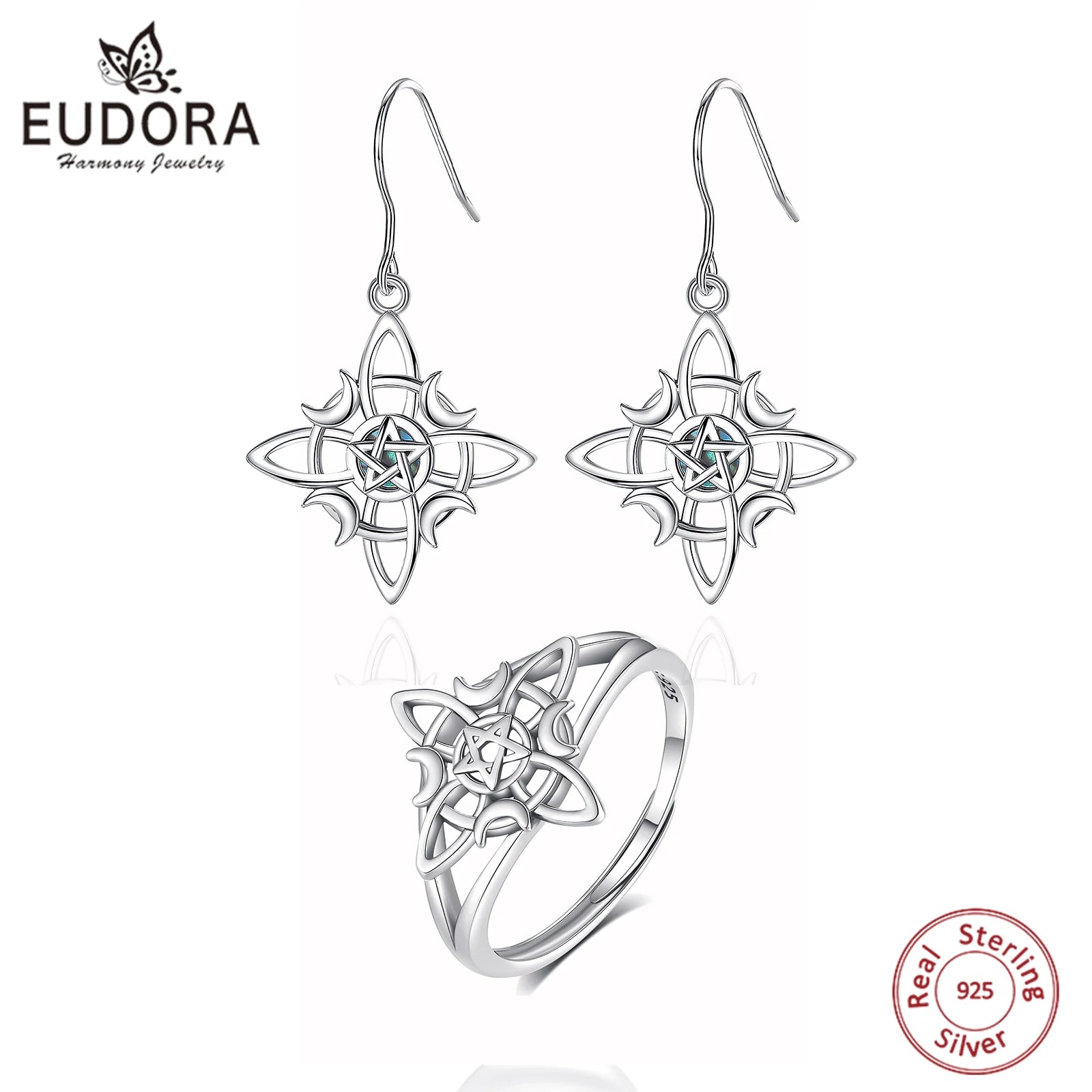 Eudora 925 Sterling Silber Hexenknoten Schmuckset Mond Wicca Amulett Halskette Armband Ohrringe &amp; Ring Feines Geschenk für Frauen