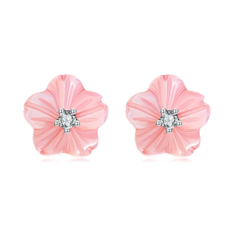 WOSTU Real 925 Sterling Silver Natural Pink Shell Flower Earrings 18K Gold Mini Sakura Flower Studs Party Wedding jewelry Gift