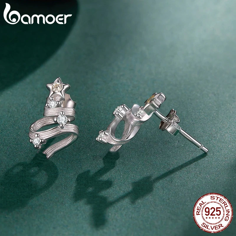 BAMOER 925 Sterling Silver Christmas Tree Stud Earrings, Curved Texture CZ Star Earrings for Women Teens Lovely Xmas Gift