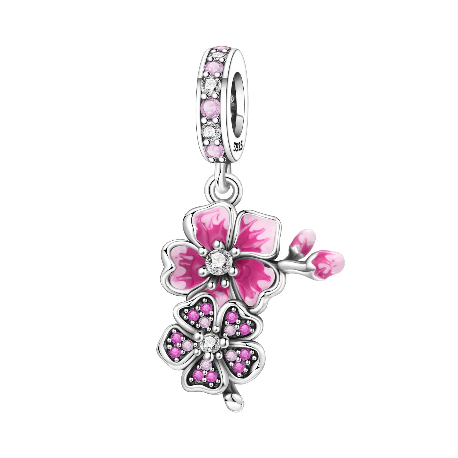 PANPOKI 925 Sterling Silver Pink Cherry Blossom Flower Beads Original Pendants Bracelet Charm Jewelry Party DIY Trendy Gifts