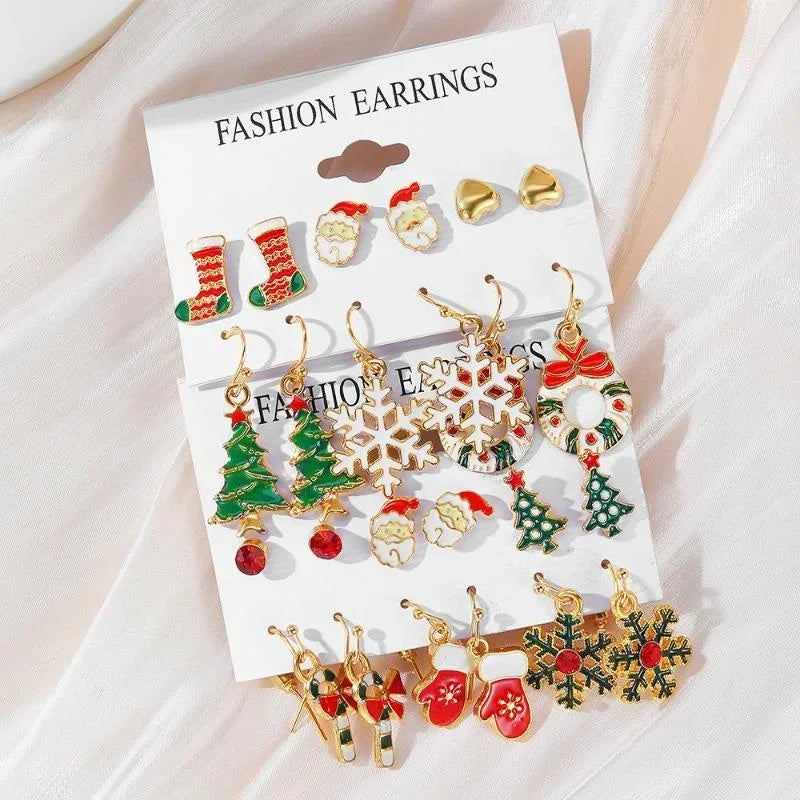 Fashion Cartoon Christmas Earring Set Female Snowflake Tree Snowman Bell Earring Fashion Christmas Ball Earring Jewelry Gifts