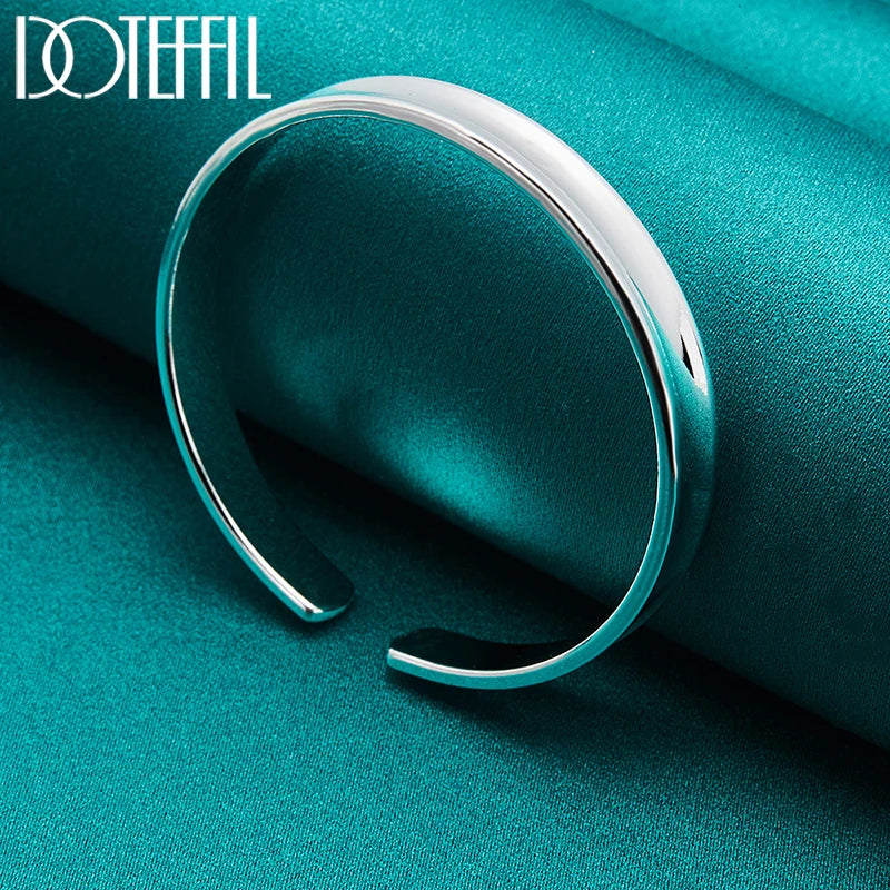 DOTEFFIL 925 Sterling Silver Smooth 8mm Adjustable Bangle Bracelet For Woman Man Fashion Wedding Engagement Party Jewelry